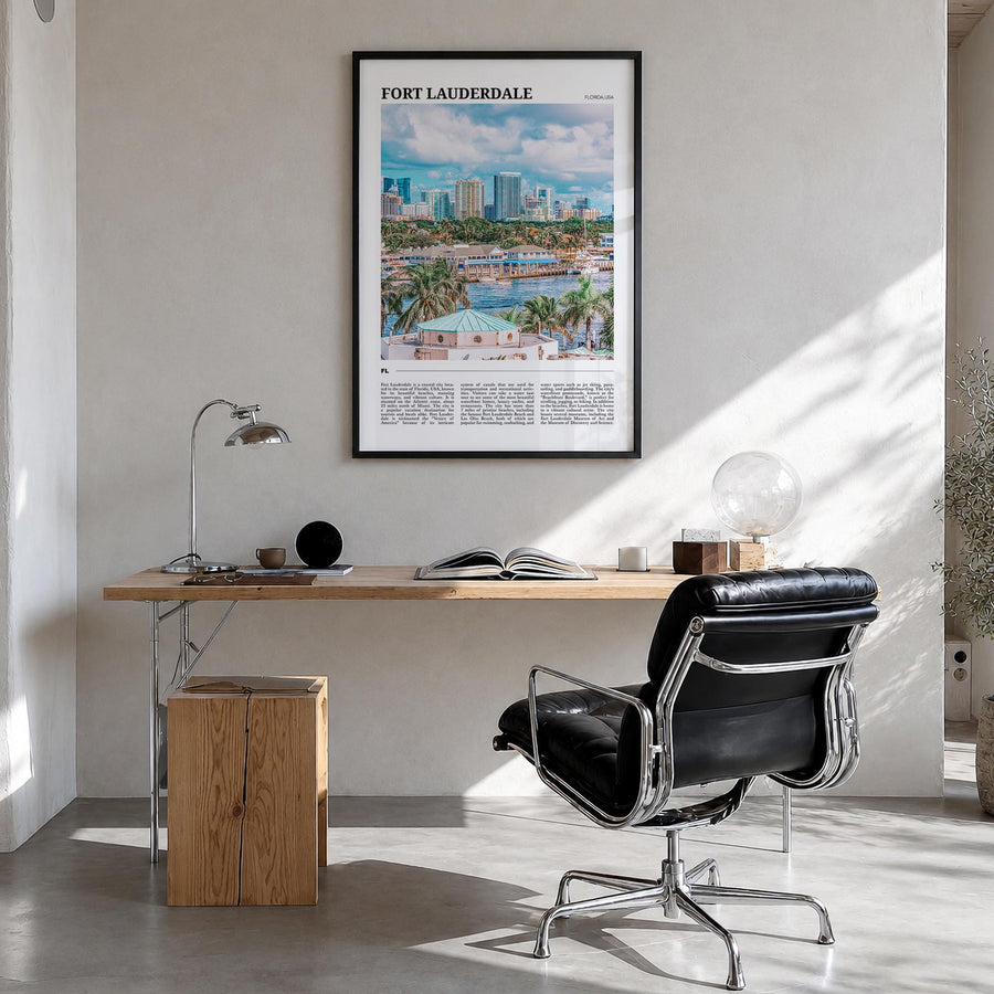 Fort Lauderdale colorful travel poster of Florida, USA – vertical wall art in black wood frame, hanging on wall