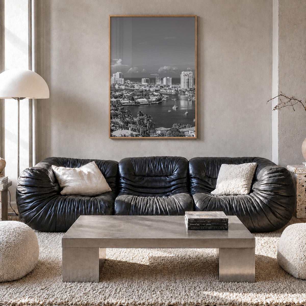 Fort Lauderdale no. 1 black & white photo poster of Florida, USA – vertical wall art in natural wood frame, hanging on wall