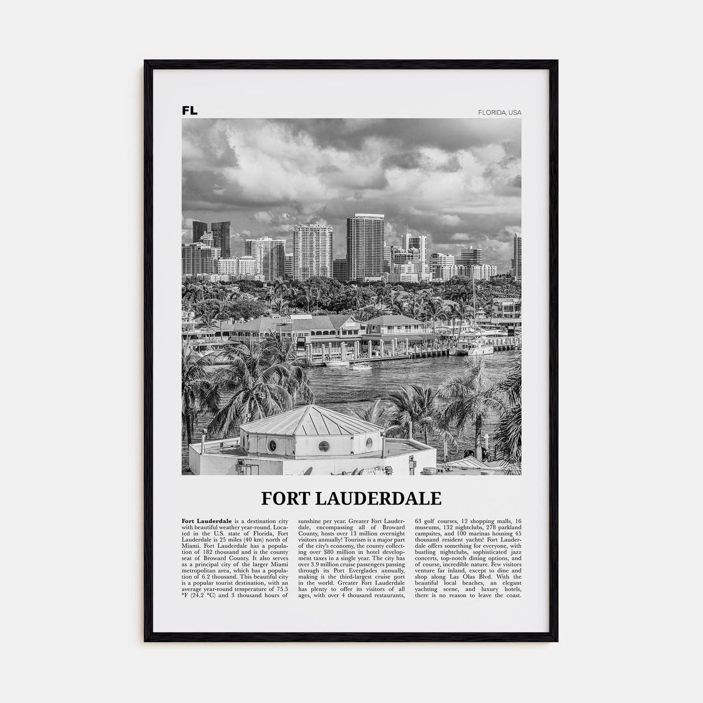 Fort Lauderdale No 1 Poster Black Wood / 8x12 in Nbourhood Travel B&W Poster