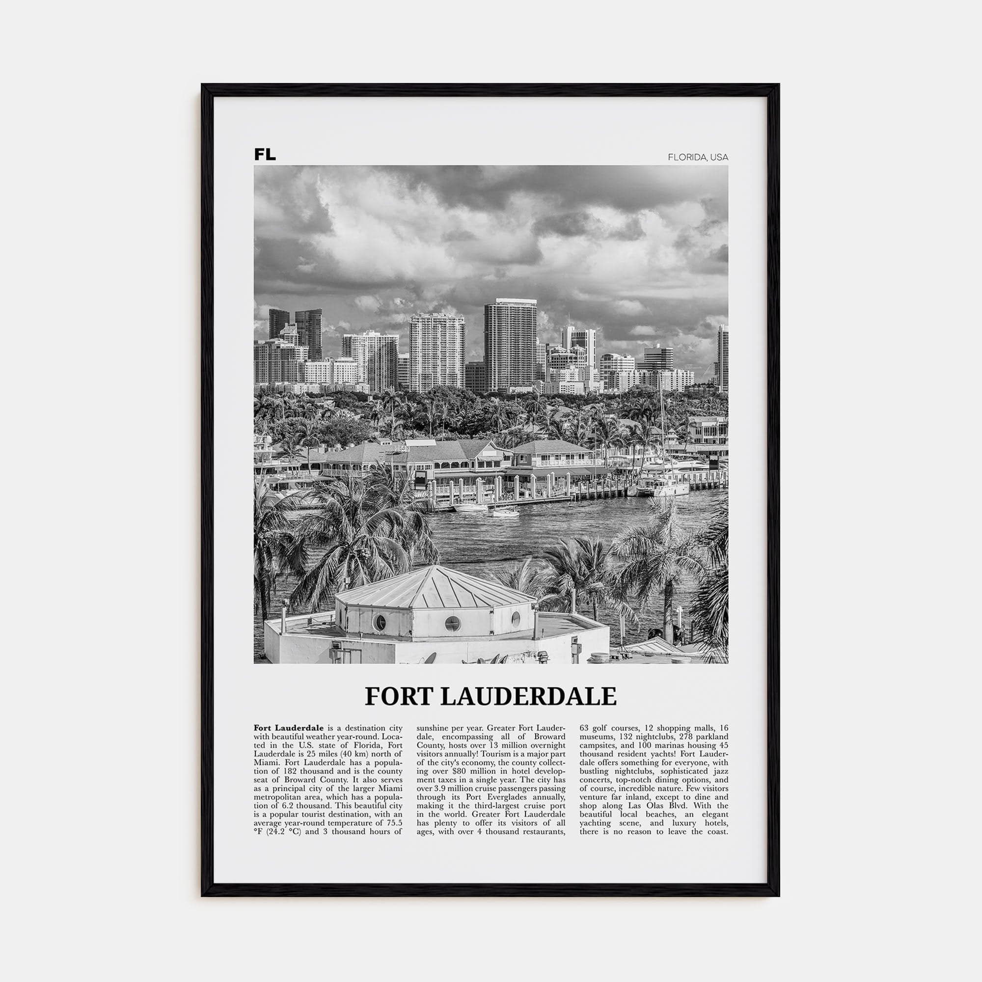 Fort Lauderdale No 1 Poster Black Wood / 8x12 in Nbourhood Travel B&W Poster