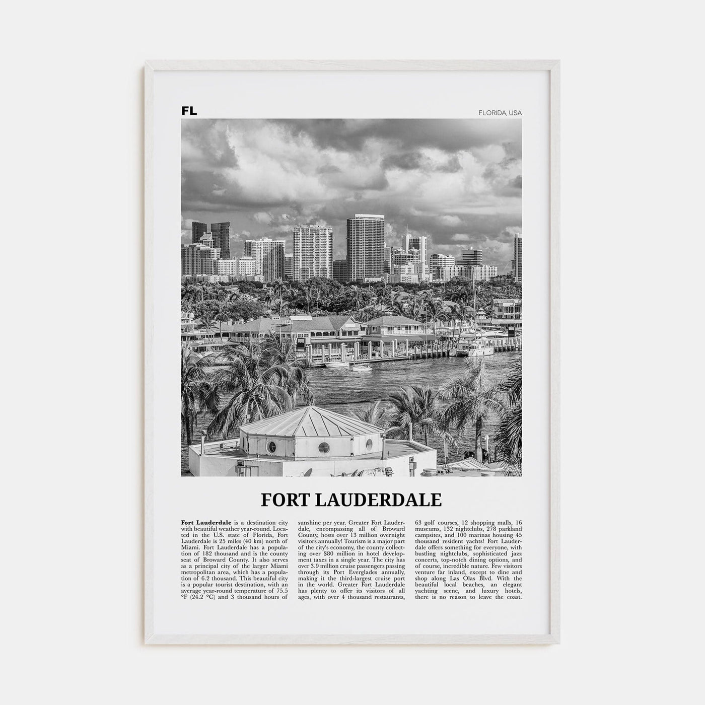 Fort Lauderdale No 1 Poster White Wood / 8x12 in Nbourhood Travel B&W Poster