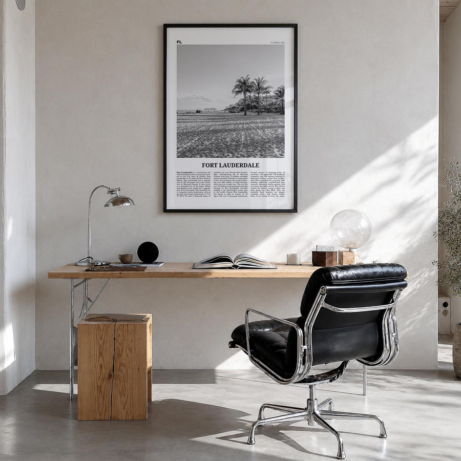 Fort Lauderdale no. 2 black & white newspaper poster of Florida, USA – vertical wall art in black wood frame, hanging on wall