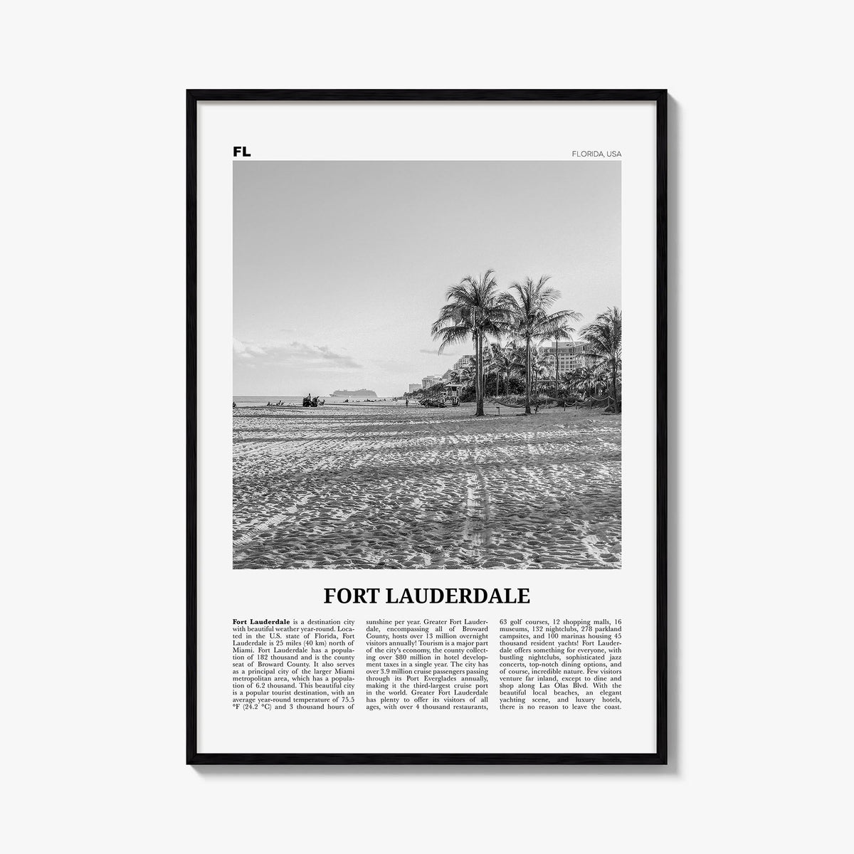 Fort Lauderdale no. 2 black & white newspaper poster of Florida, USA – vertical wall art, unframed print shown in interior mo
