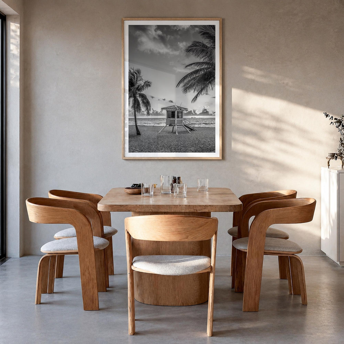 Fort Lauderdale no. 2 black & white photo poster of Florida, USA – vertical wall art in natural wood frame with white border,