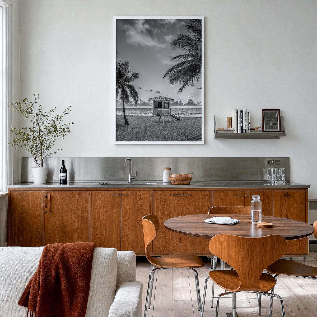 Fort Lauderdale no. 2 black & white photo poster of Florida, USA – vertical wall art in white wood frame, hanging on wall