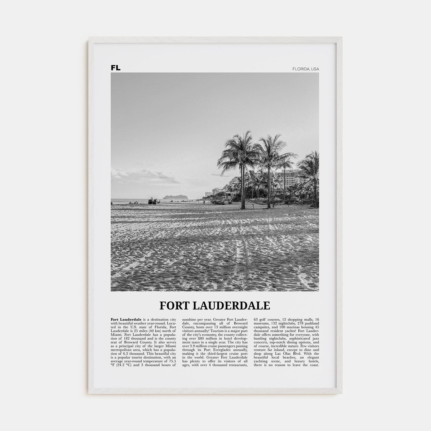 Fort Lauderdale No 2 Poster White Wood / 8x12 in Nbourhood Travel B&W Poster