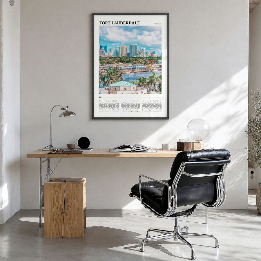 Fort Lauderdale Travel Poster in a black wood frame, hanging in a bright home office