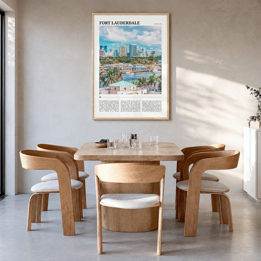 Fort Lauderdale Travel Poster in a natural wood frame, hanging in a dining room