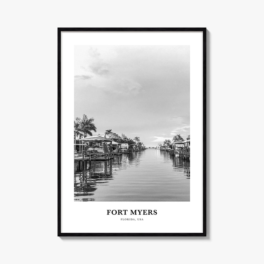 Fort Myers black & white classic poster of Florida, USA – vertical wall art, unframed print shown in interior mockup