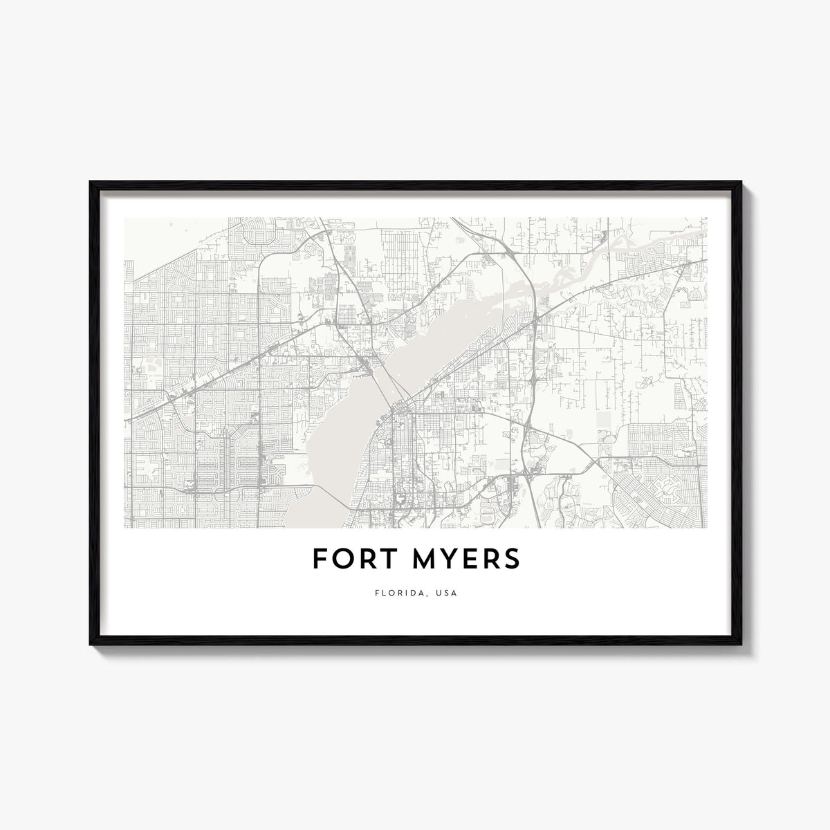 Fort Myers black & white map poster of Florida, USA – horizontal wall art, unframed print shown in interior mockup
