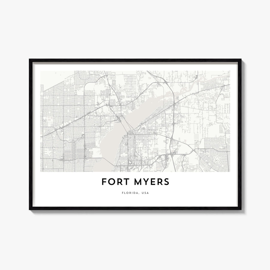 Fort Myers black & white map poster of Florida, USA – horizontal wall art, unframed print shown in interior mockup