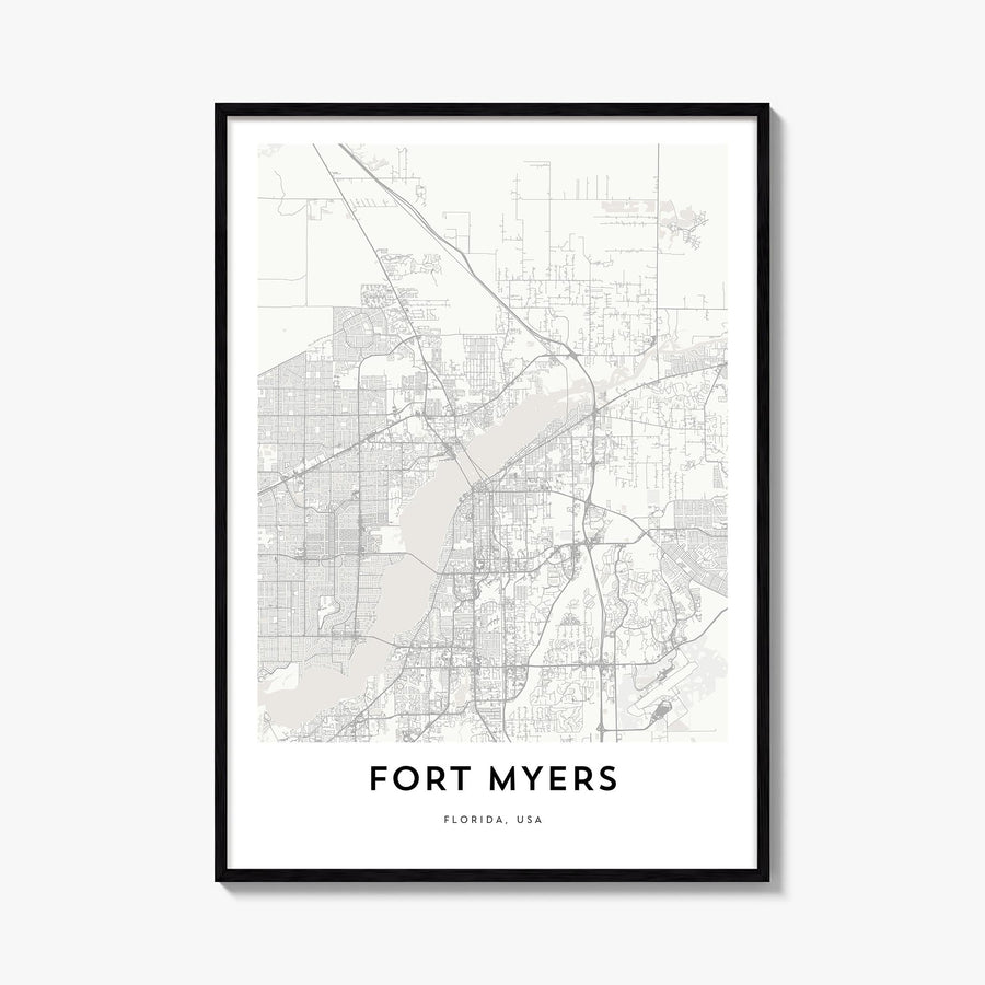 Fort Myers black & white map poster of Florida, USA – vertical wall art, unframed print shown in interior mockup