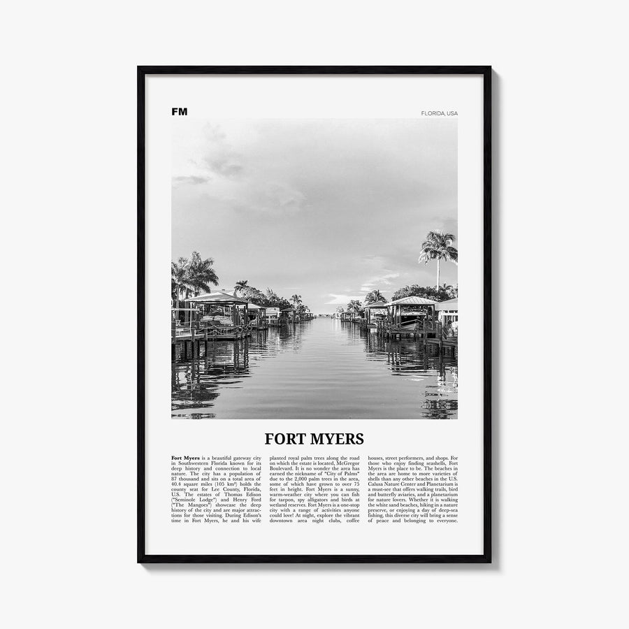 Fort Myers black & white newspaper poster of Florida, USA – vertical wall art, unframed print shown in interior mockup