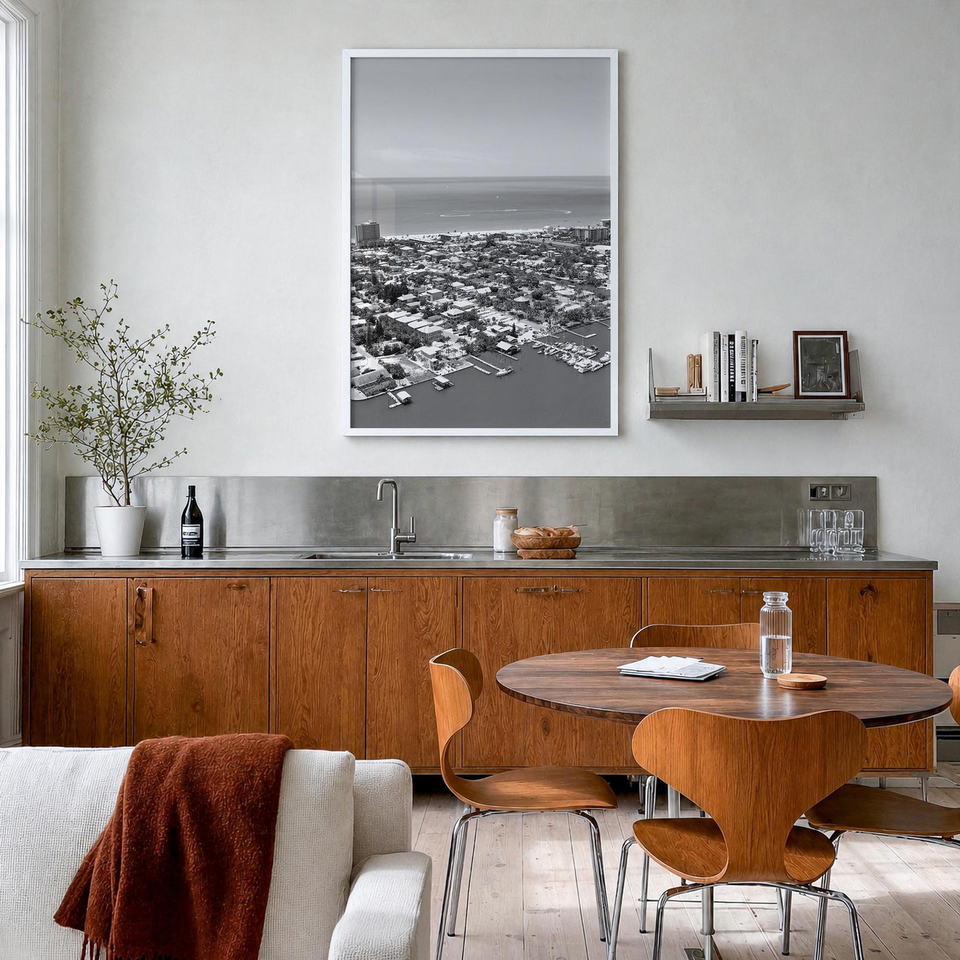 Fort Myers black & white photo poster of Florida, USA – vertical wall art in white wood frame, hanging on wall