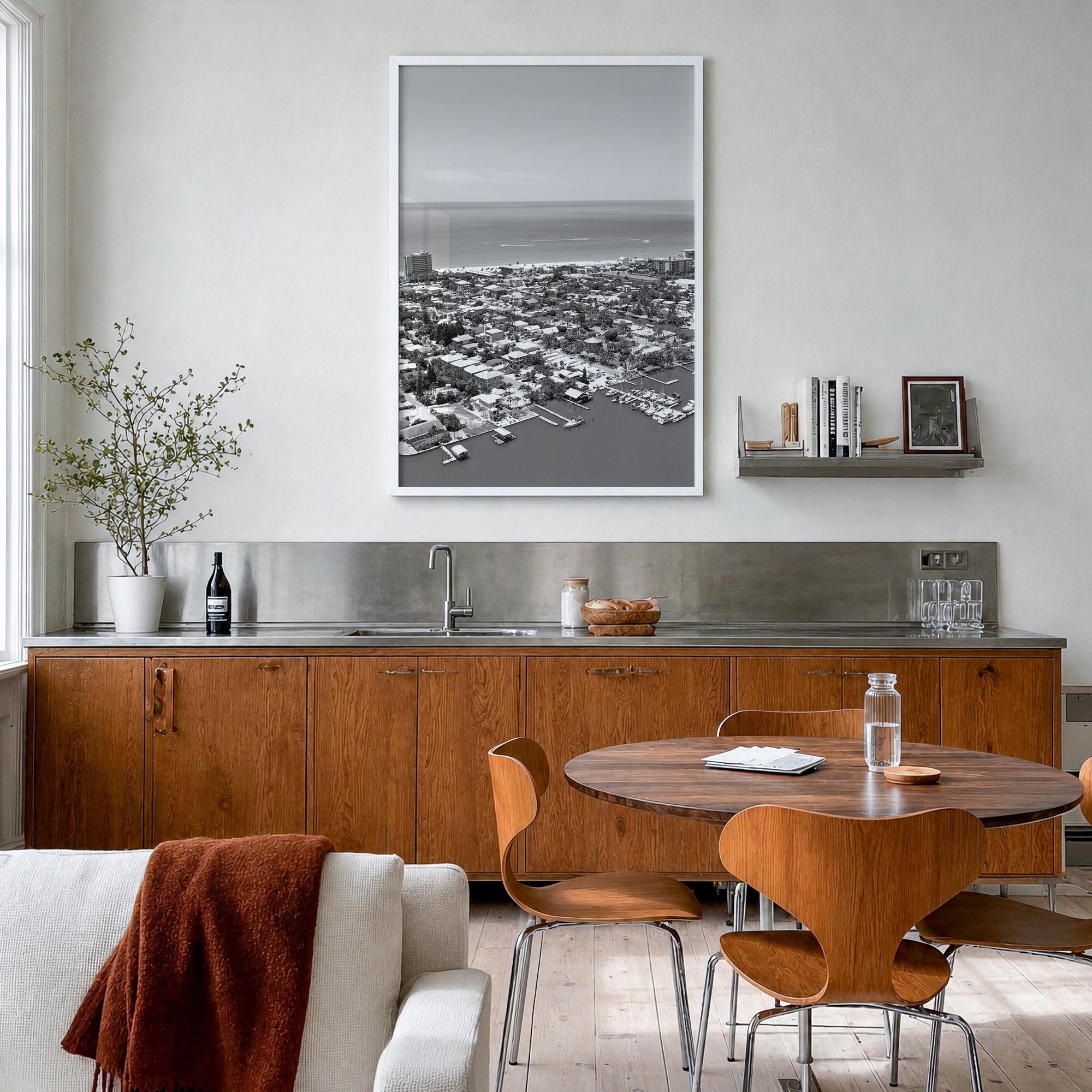Fort Myers black & white photo poster of Florida, USA – vertical wall art in white wood frame, hanging on wall