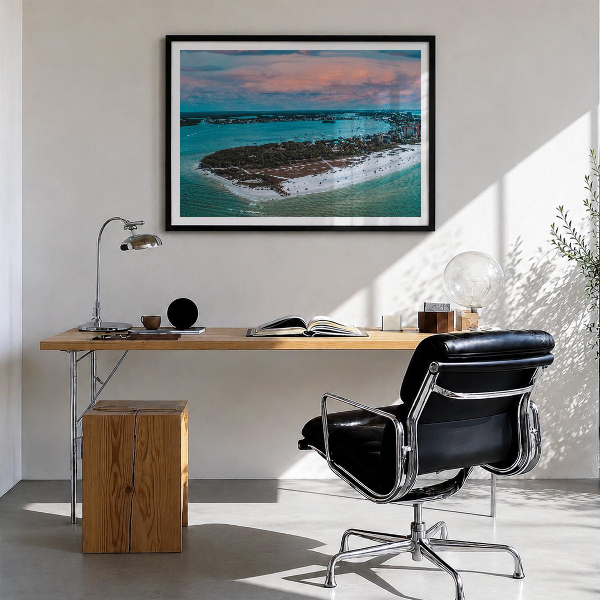 Fort Myers colorful photo poster of Florida, USA – horizontal wall art in black wood frame with white border, hanging on wall