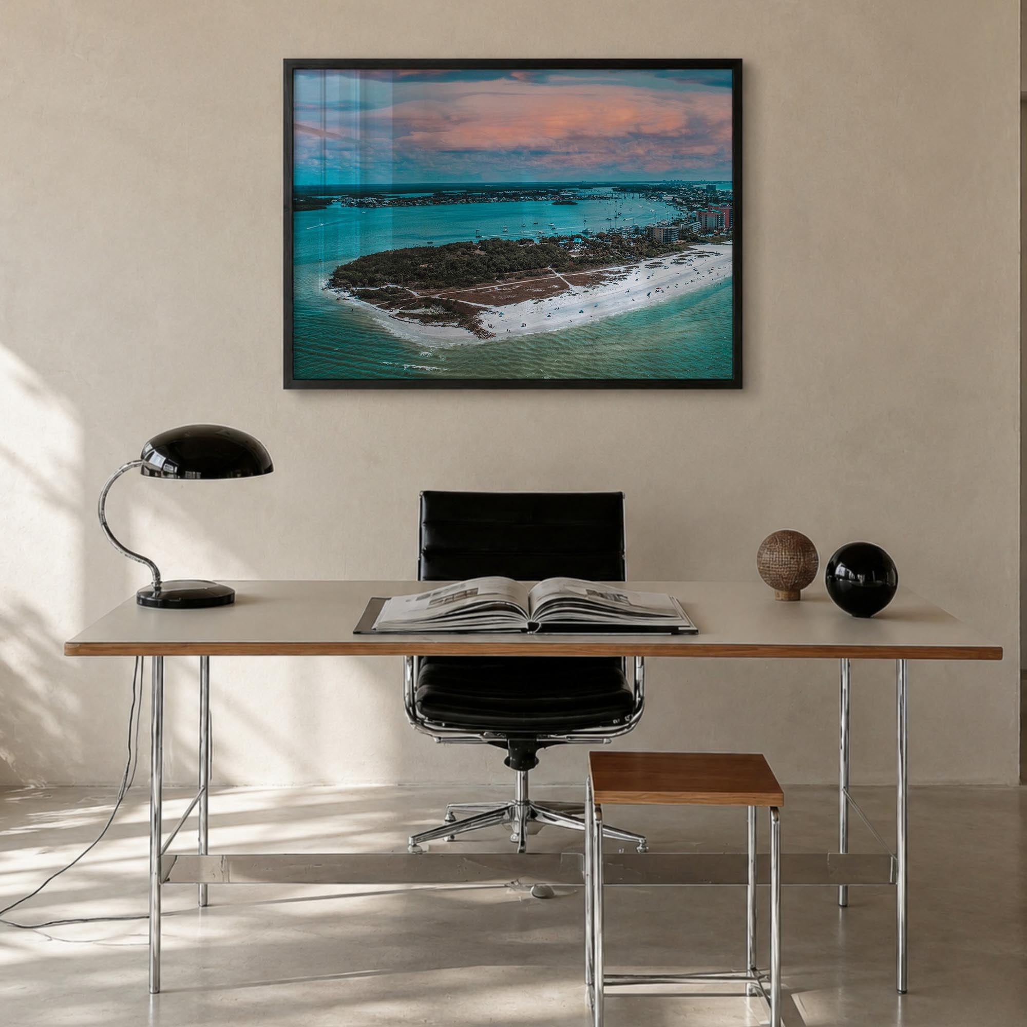 Fort Myers colorful photo poster of Florida, USA – horizontal wall art in black wood frame, hanging on wall
