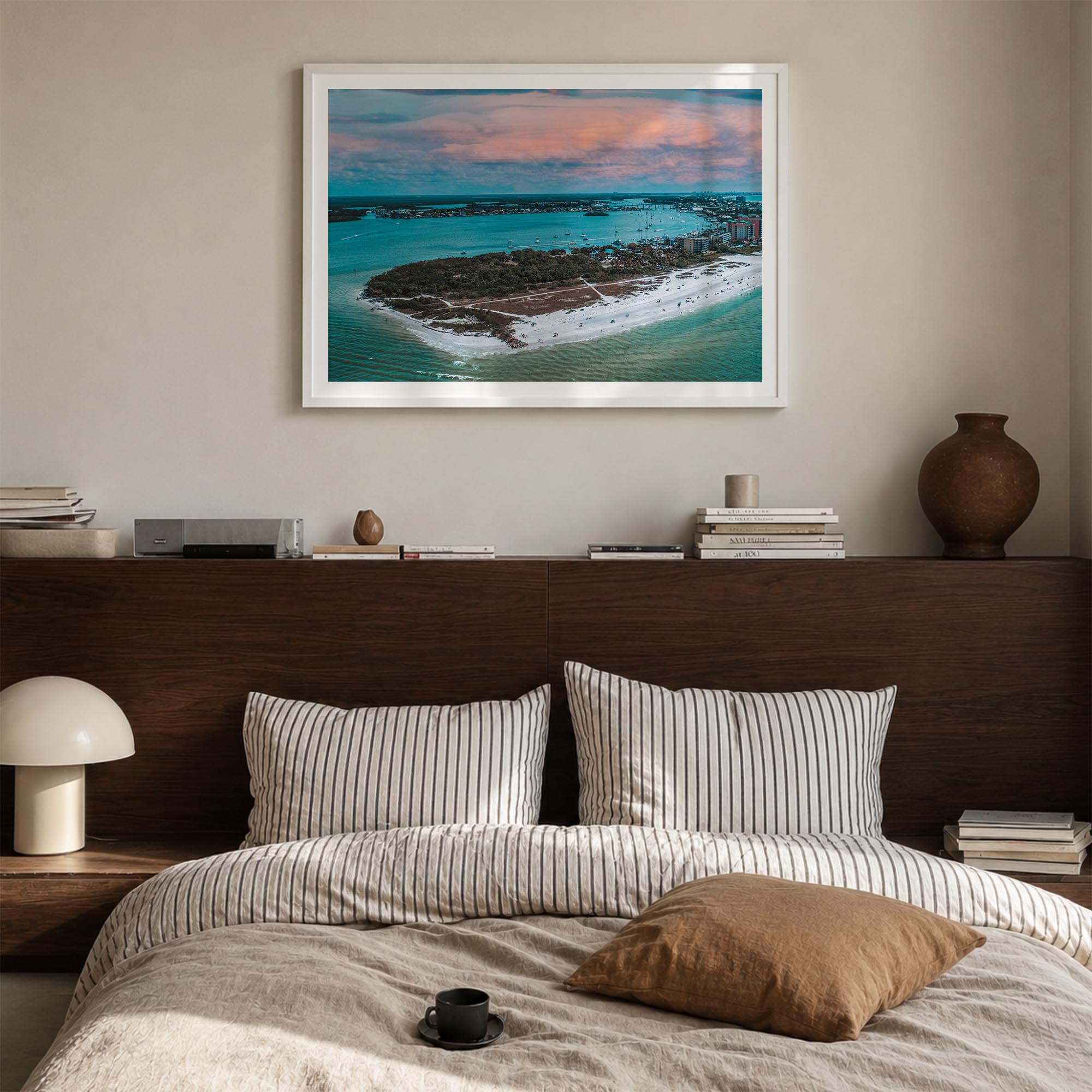 Fort Myers colorful photo poster of Florida, USA – horizontal wall art in white wood frame with white border, hanging on wall