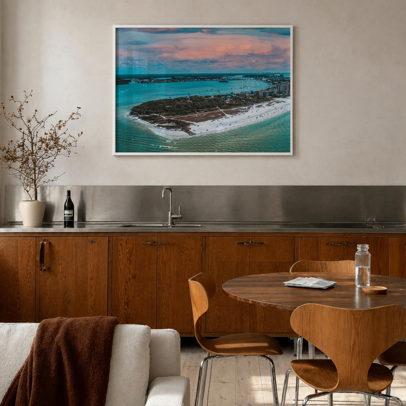 Fort Myers colorful photo poster of Florida, USA – horizontal wall art in white wood frame, hanging on wall