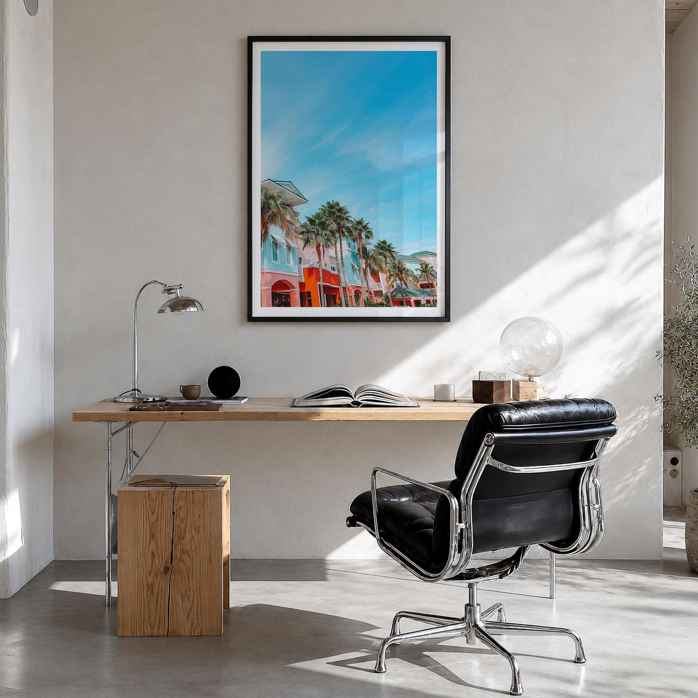 Fort Myers no. 2 colorful photo poster of Florida, USA – vertical wall art in black wood frame with white border, hanging on 