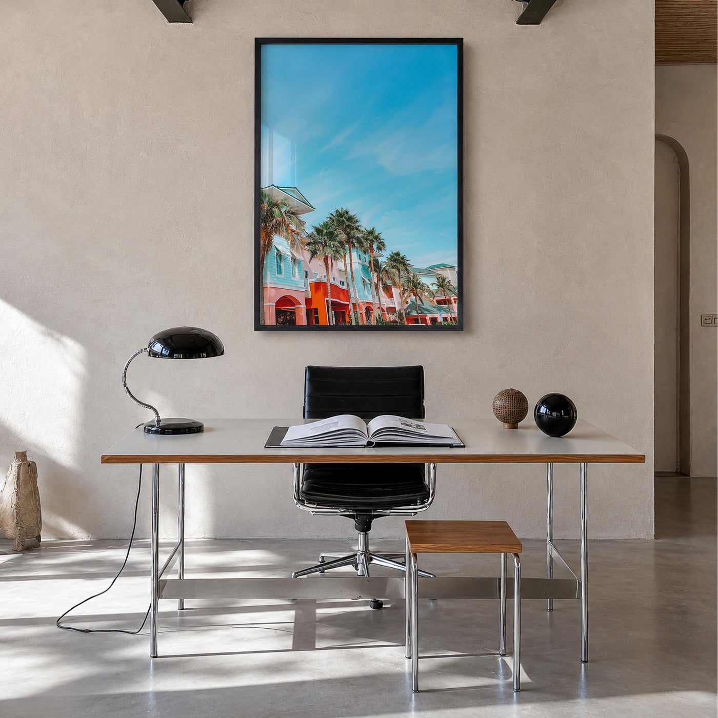 Fort Myers no. 2 colorful photo poster of Florida, USA – vertical wall art in black wood frame, hanging on wall