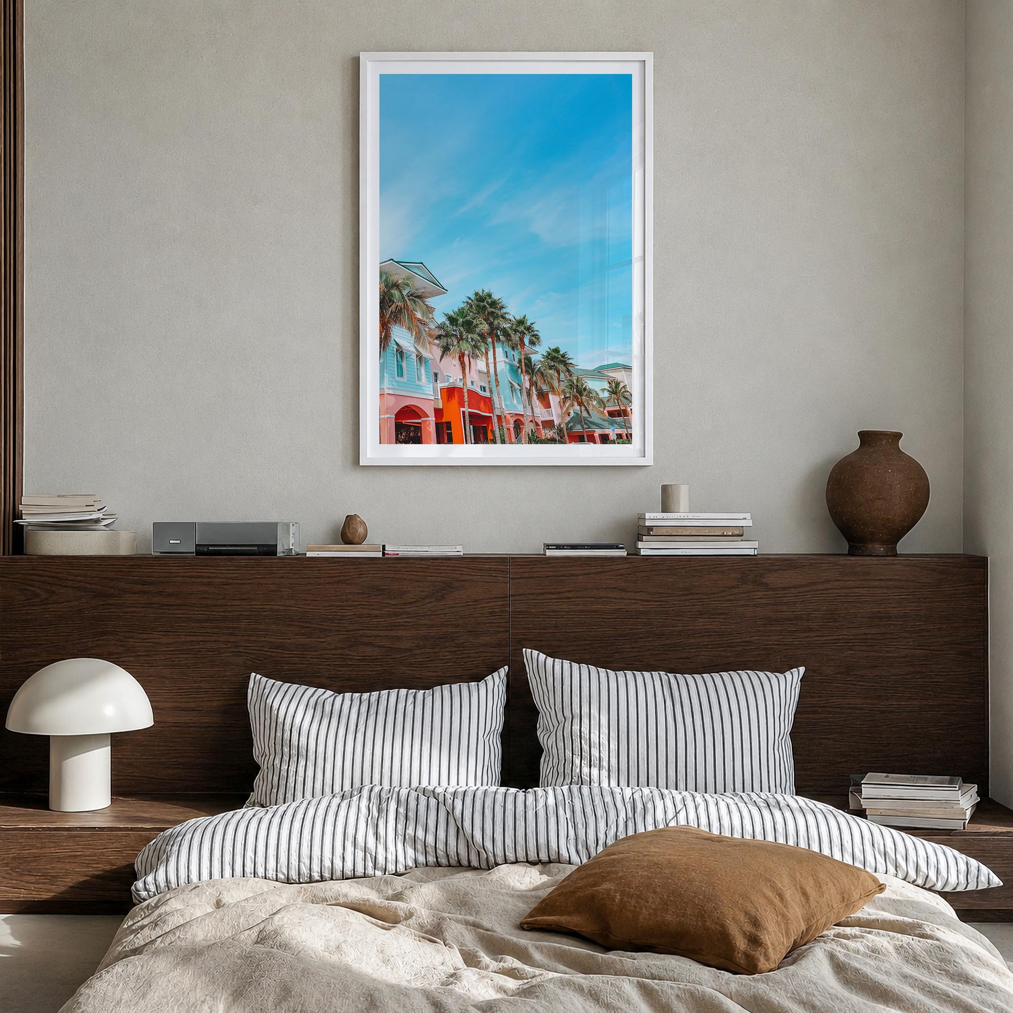 Fort Myers no. 2 colorful photo poster of Florida, USA – vertical wall art in white wood frame with white border, hanging on 