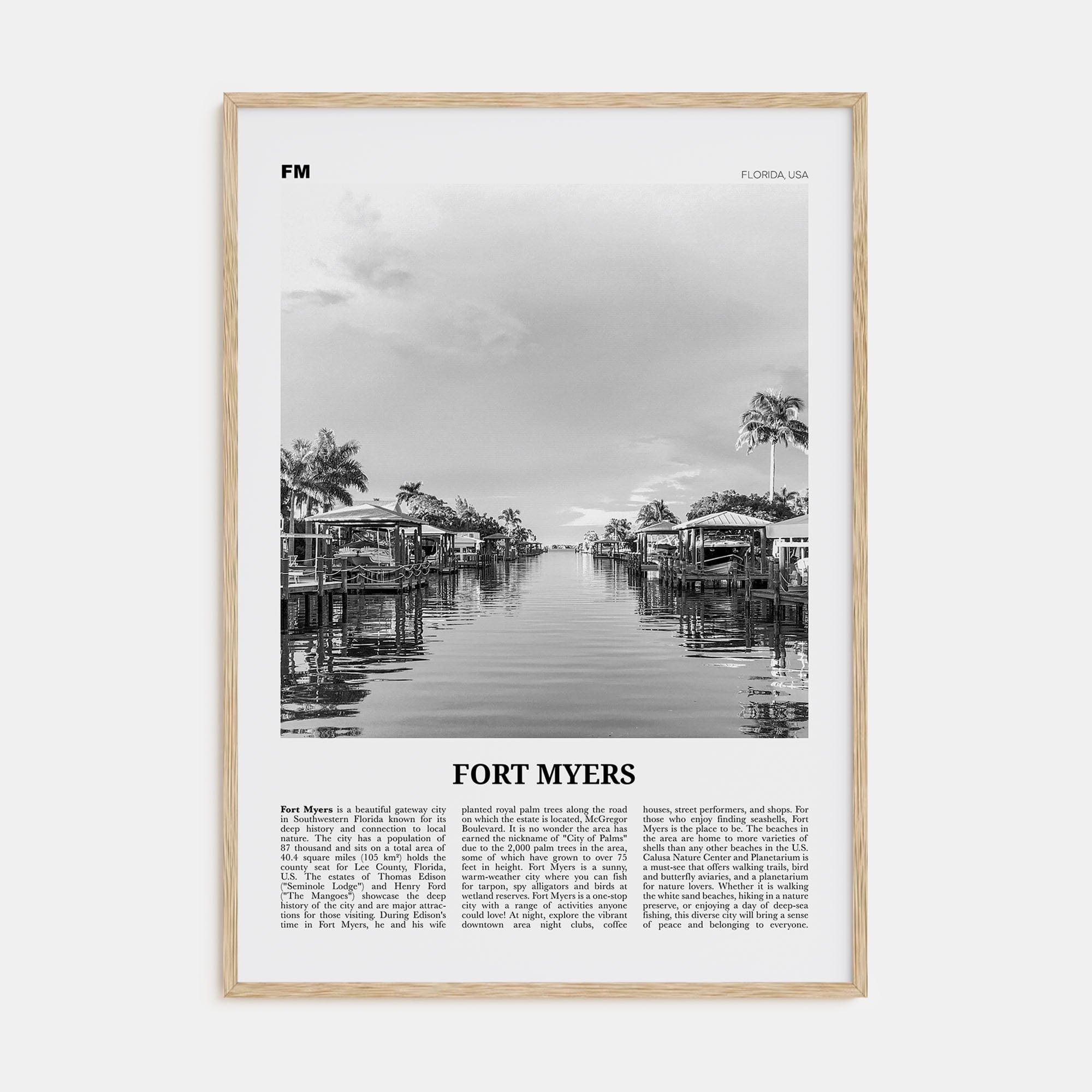 Fort Myers Poster Natural Wood / 8x12 in Nbourhood Travel B&W Poster