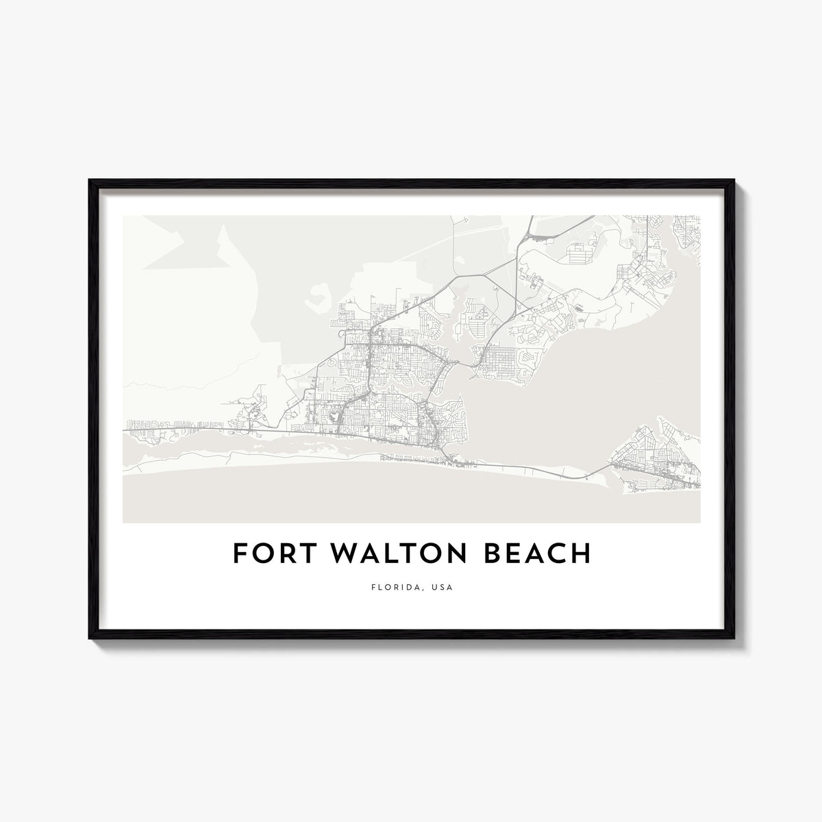 Fort Walton Beach black & white map poster of Florida, USA – horizontal wall art, unframed print shown in interior mockup