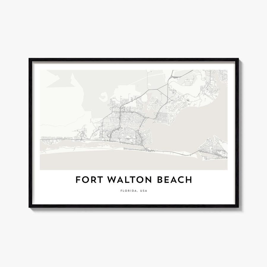 Fort Walton Beach black & white map poster of Florida, USA – horizontal wall art, unframed print shown in interior mockup