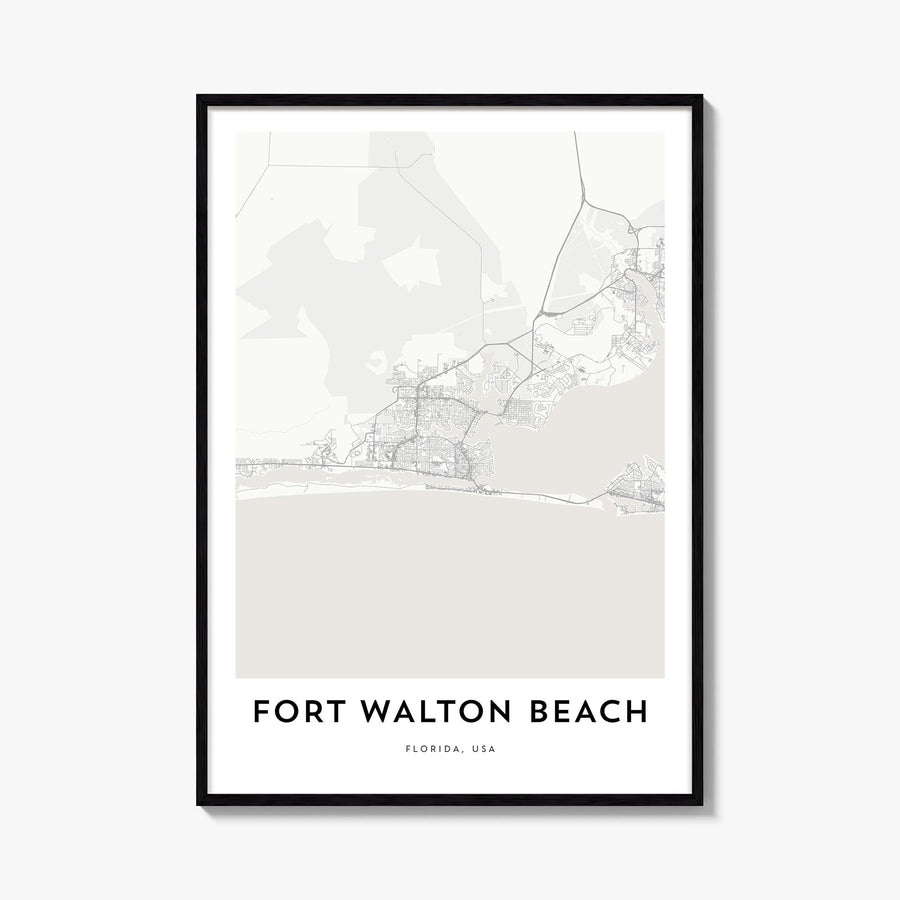 Fort Walton Beach black & white map poster of Florida, USA – vertical wall art, unframed print shown in interior mockup