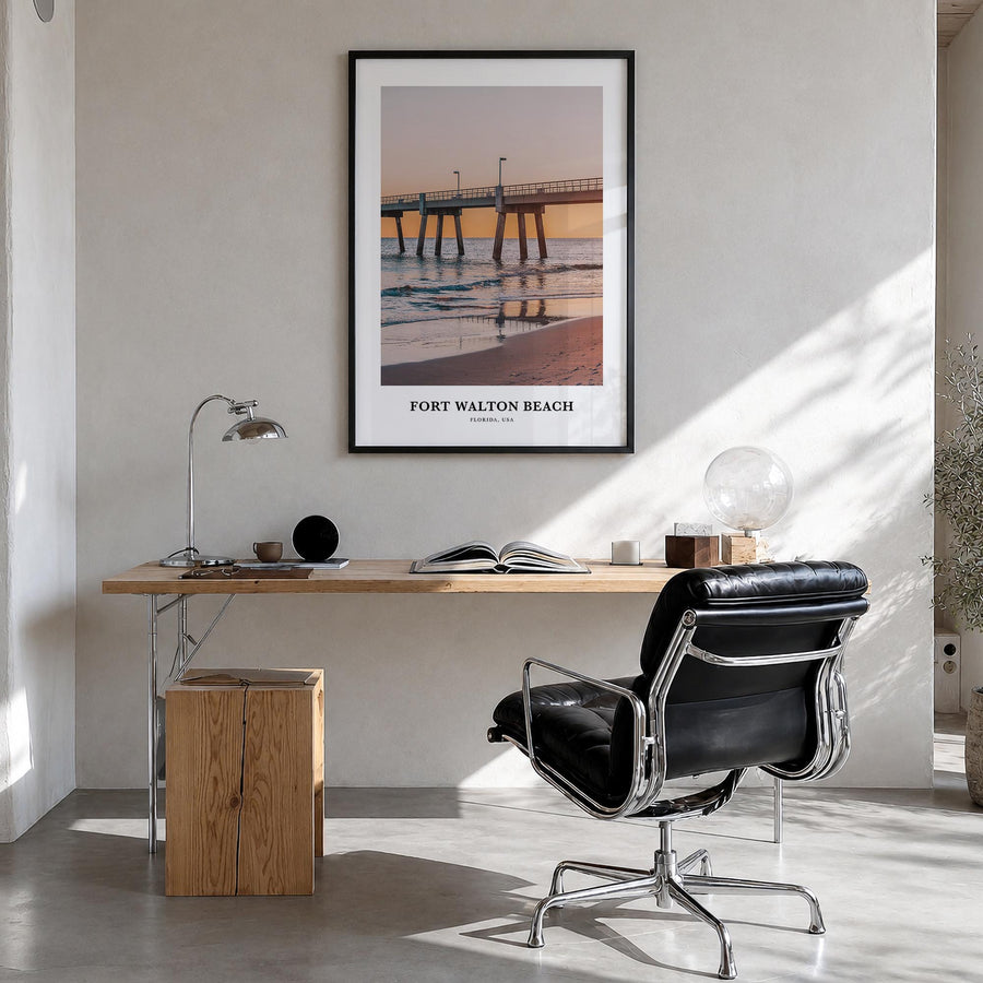 Fort Walton Beach no. 1 colorful classic poster of Florida, USA – vertical wall art in black wood frame, hanging on wall