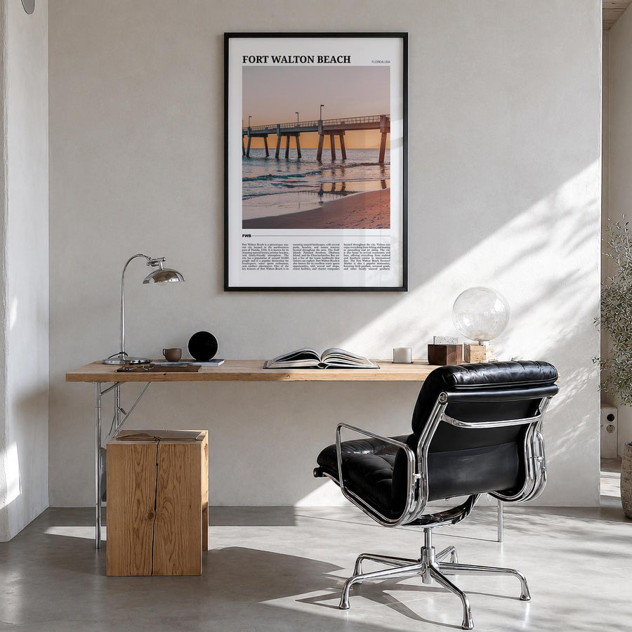 Fort Walton Beach no. 1 colorful travel poster of Florida, USA – vertical wall art in black wood frame, hanging on wall