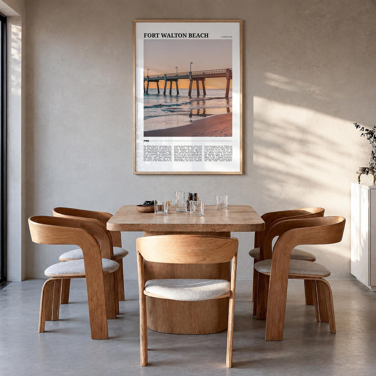 Fort Walton Beach no. 1 colorful travel poster of Florida, USA – vertical wall art in natural wood frame, hanging on wall