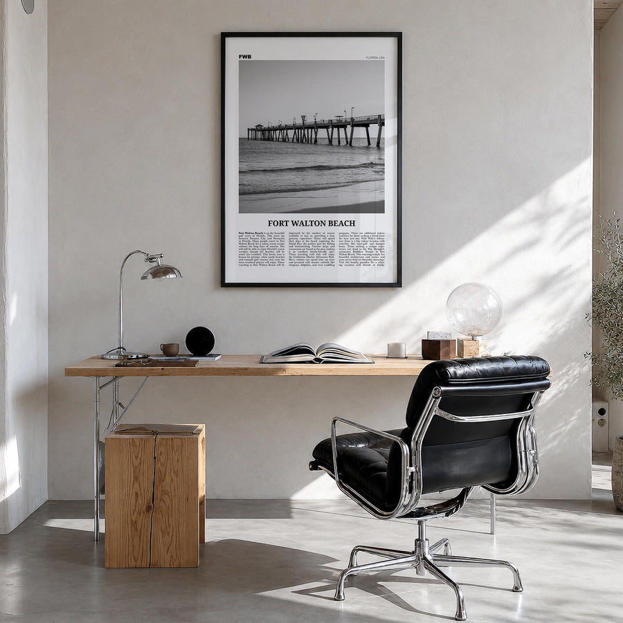 Fort Walton Beach no. 1 black & white newspaper poster of Florida, USA – vertical wall art in black wood frame, hanging on wa
