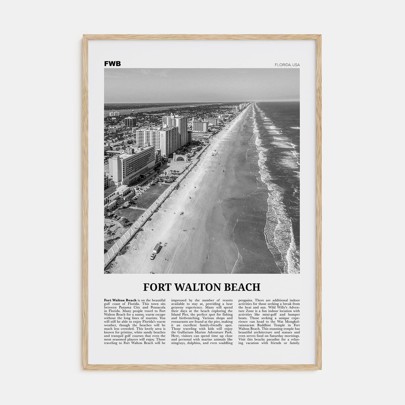 Fort Walton Beach No 2 Poster Natural Wood / 8x12 in Nbourhood Travel B&W Poster