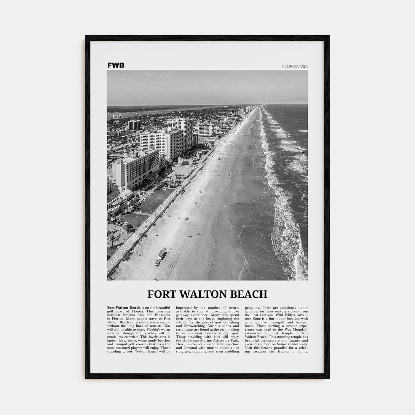 Fort Walton Beach No 2 Poster Black Wood / 8x12 in Nbourhood Travel B&W Poster