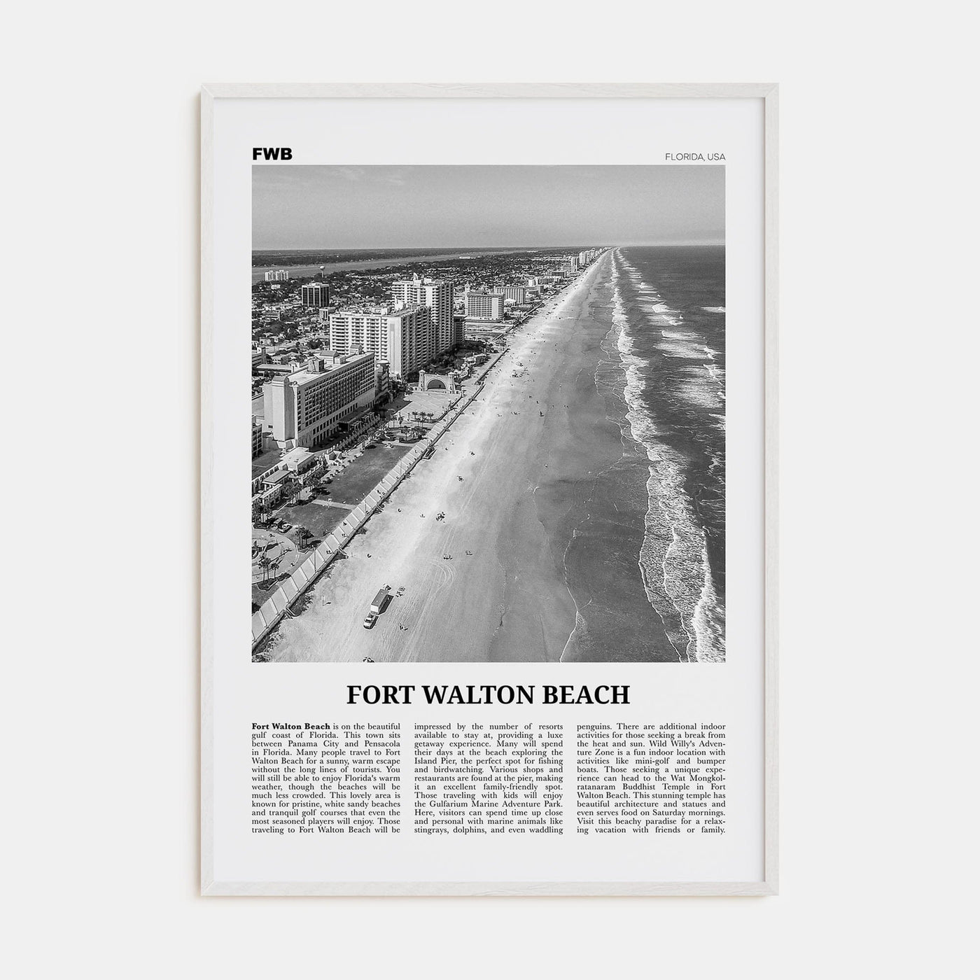 Fort Walton Beach No 2 Poster White Wood / 8x12 in Nbourhood Travel B&W Poster