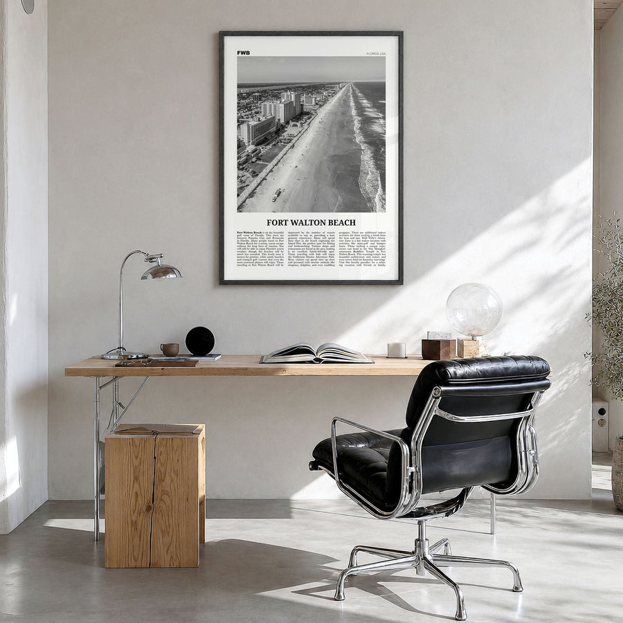 Fort Walton Beach Newspaper No 2 Poster in a black wood frame, hanging in a bright home office