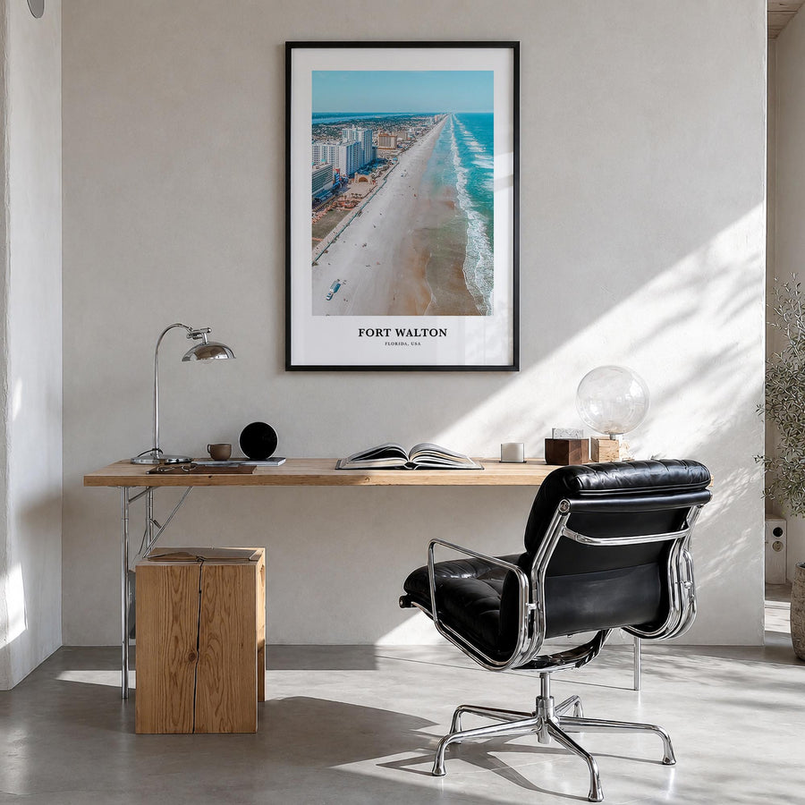 Fort Walton Beach no. 2 colorful classic poster of Florida, USA – vertical wall art in black wood frame, hanging on wall
