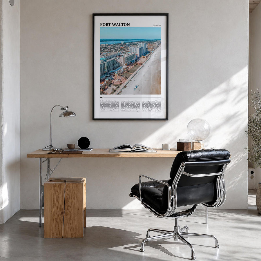 Fort Walton Beach no. 2 colorful travel poster of Florida, USA – vertical wall art in black wood frame, hanging on wall
