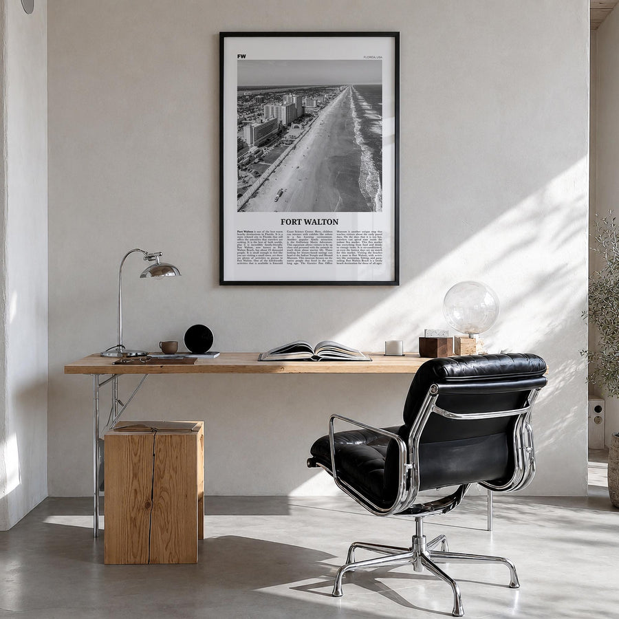 Fort Walton Beach no. 3 black & white newspaper poster of Florida, USA – vertical wall art in black wood frame, hanging on wa