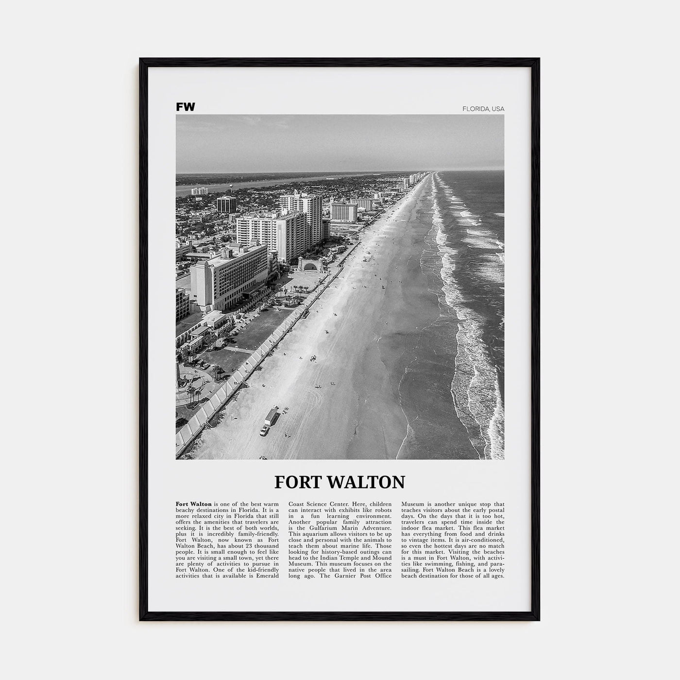 Fort Walton No 1 Poster Black Wood / 8x12 in Nbourhood Travel B&W Poster