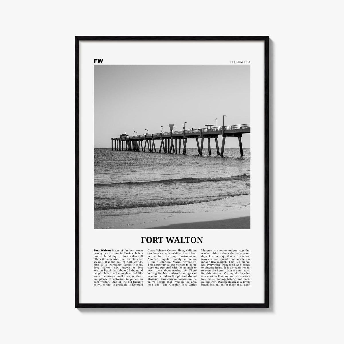 Fort Walton Beach no. 4 black & white newspaper poster of Florida, USA – vertical wall art, unframed print shown in interior 