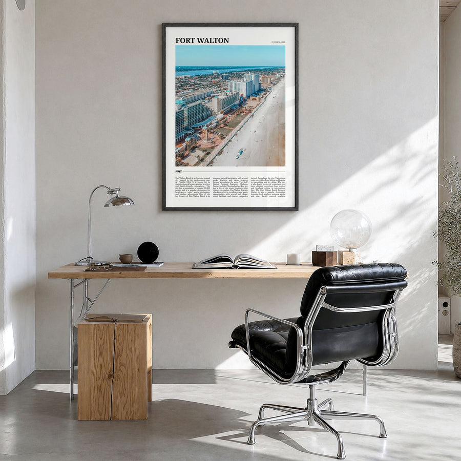 Fort Walton Travel Poster in a black wood frame, hanging in a bright home office