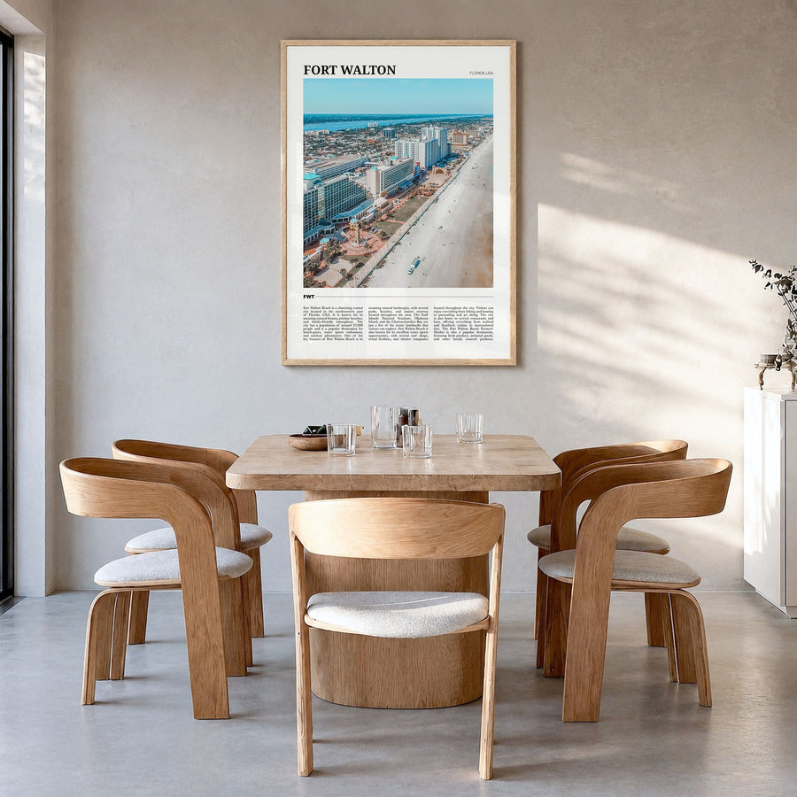 Fort Walton Travel Poster in a natural wood frame, hanging in a dining room