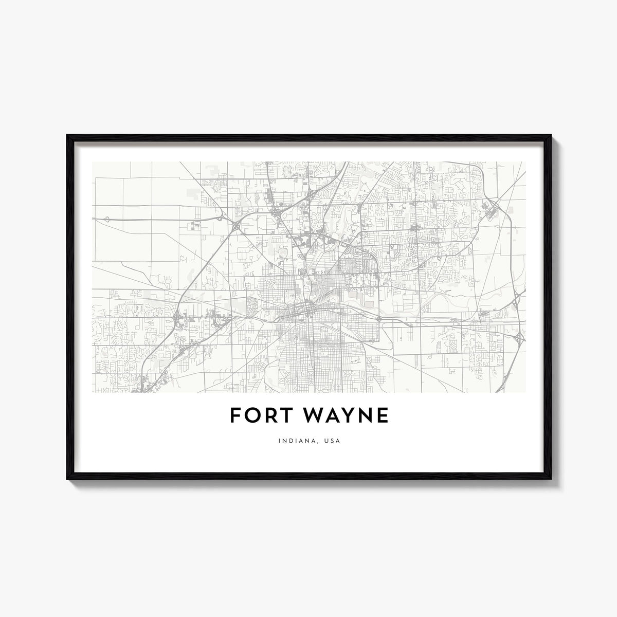 Fort Wayne black & white map poster of Indiana, USA – horizontal wall art, unframed print shown in interior mockup