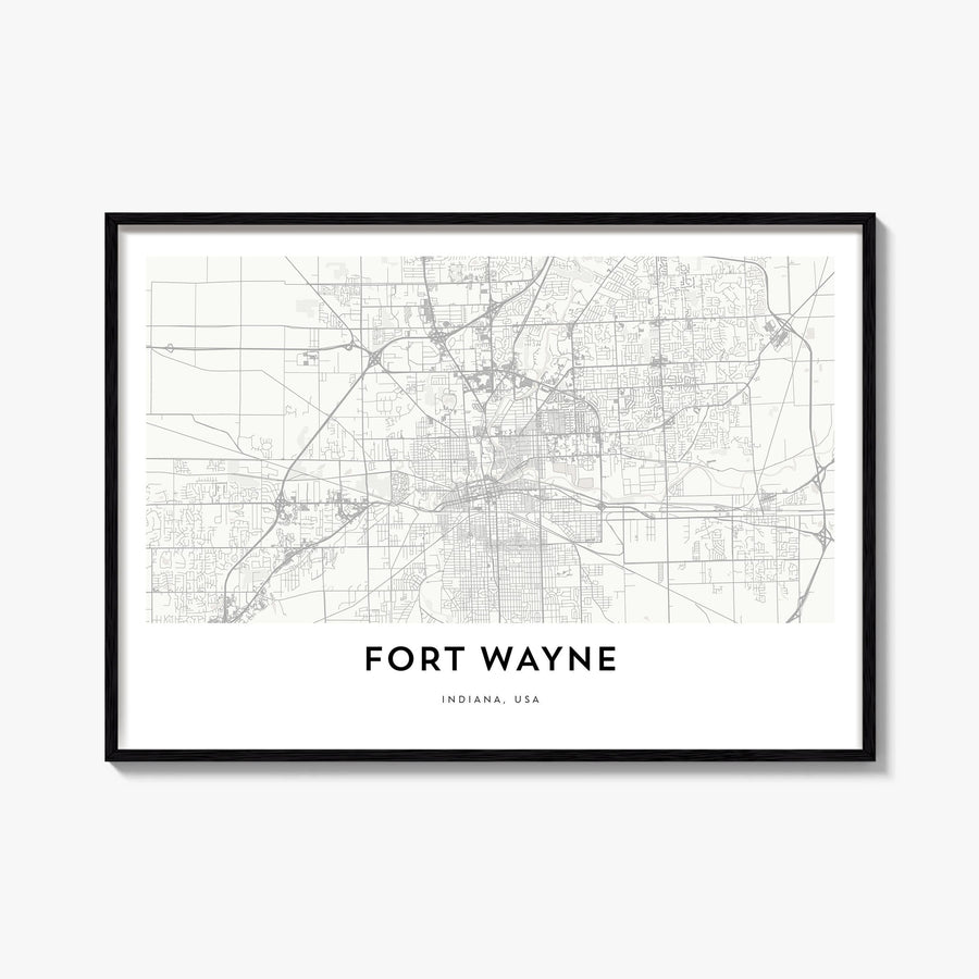 Fort Wayne black & white map poster of Indiana, USA – horizontal wall art, unframed print shown in interior mockup