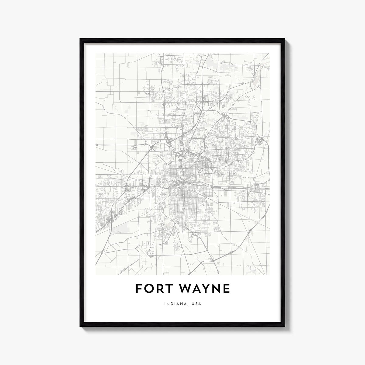 Fort Wayne black & white map poster of Indiana, USA – vertical wall art, unframed print shown in interior mockup