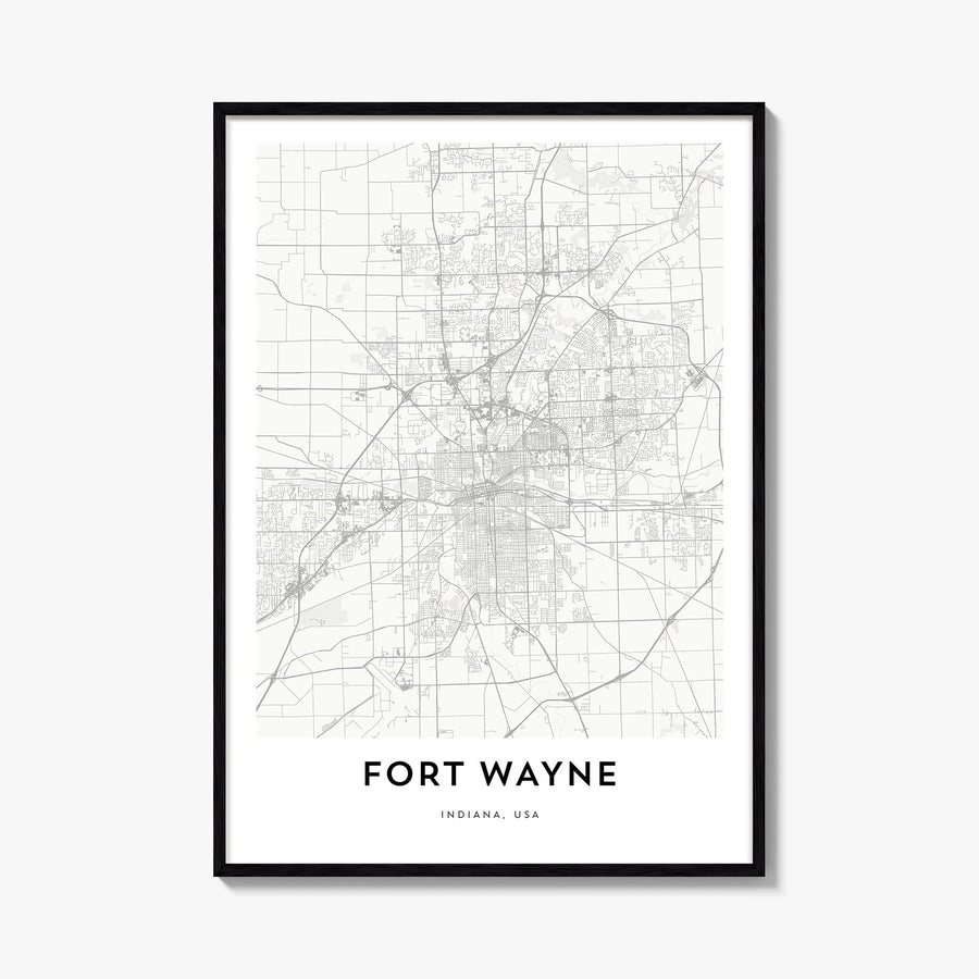 Fort Wayne black & white map poster of Indiana, USA – vertical wall art, unframed print shown in interior mockup