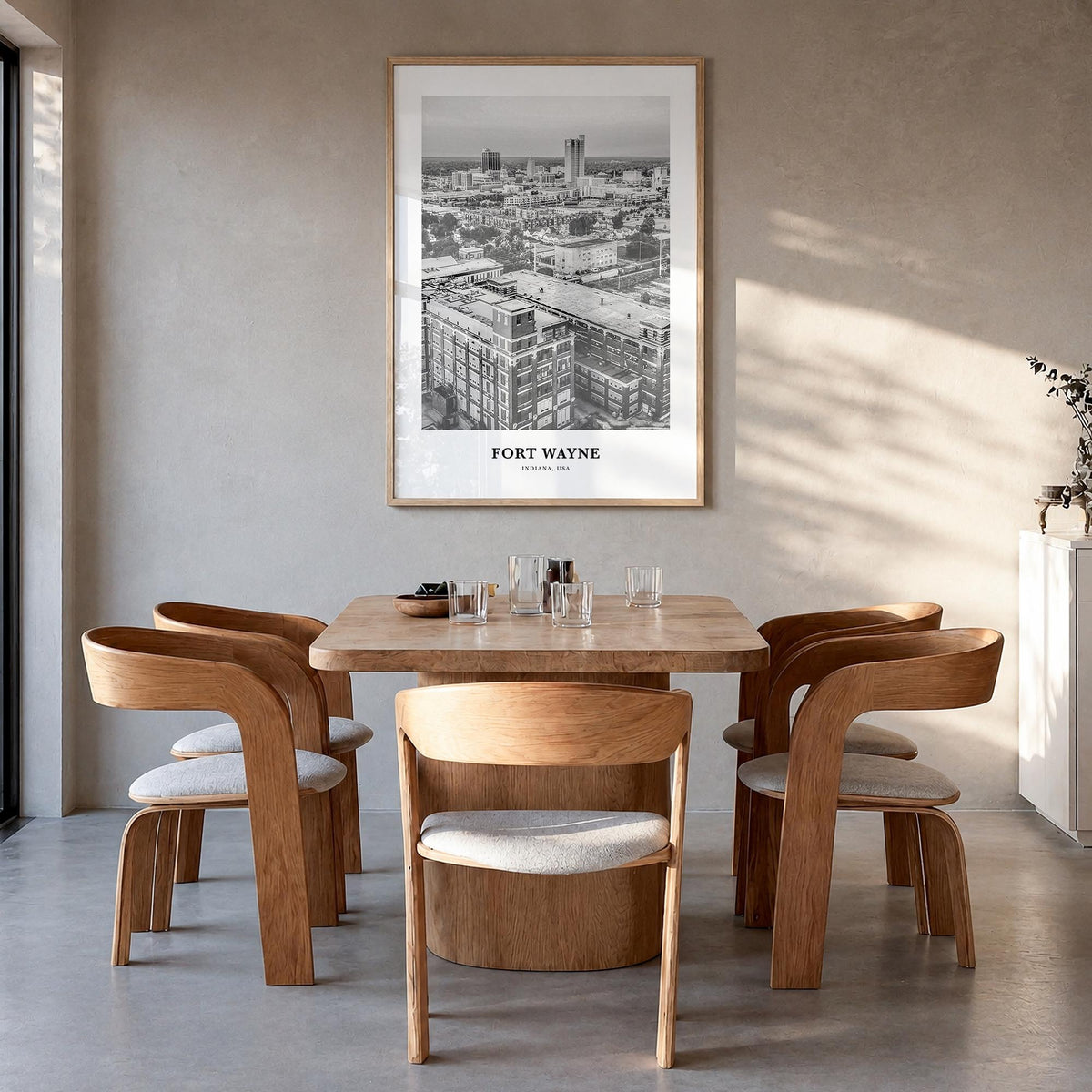 Fort Wayne no. 1 black & white classic poster of Indiana, USA – vertical wall art in natural wood frame, hanging on wall